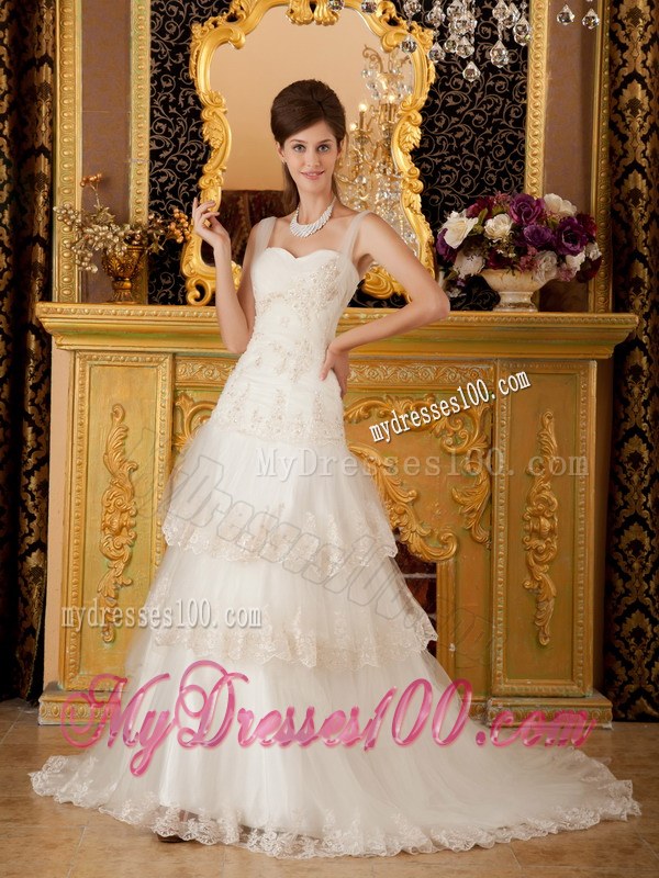 Grace A-line Lace Hem Straps Champagne Wedding Dress with Appliques