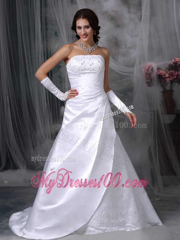 Embroidered A-line Court Train Wedding Dresses in White Satin