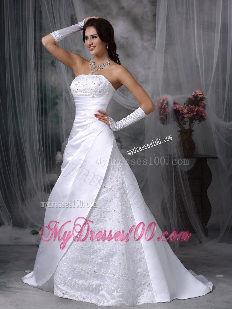 Embroidered A-line Court Train Wedding Dresses in White Satin
