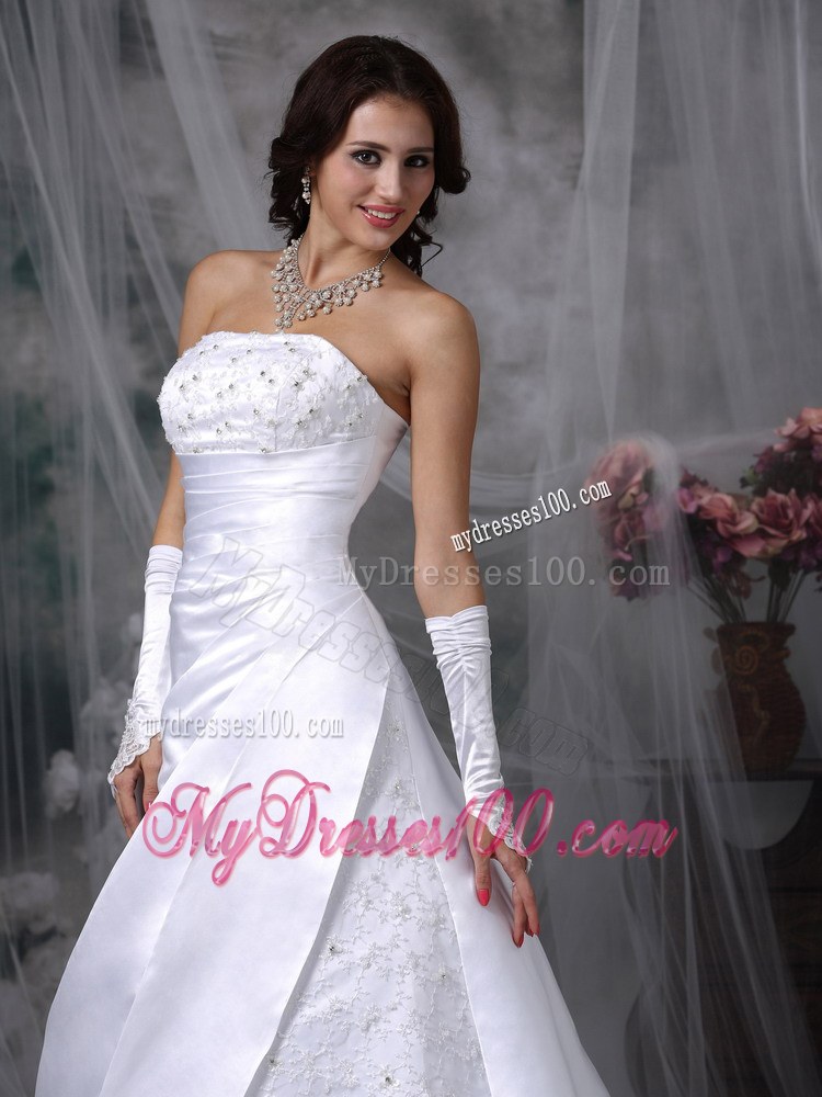 Embroidered A-line Court Train Wedding Dresses in White Satin