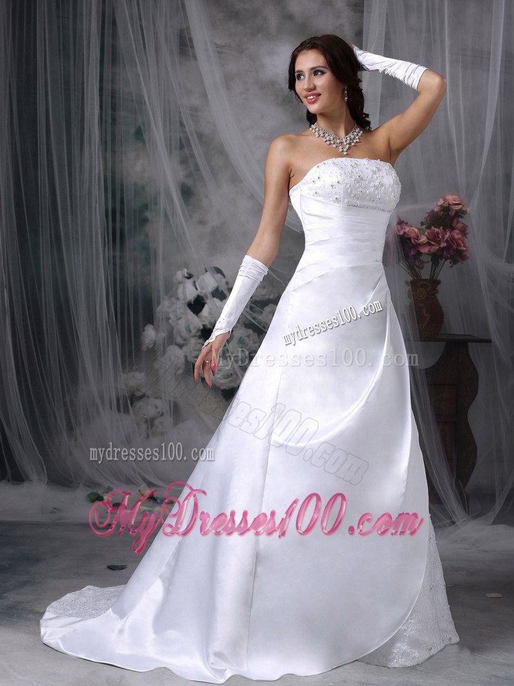 Embroidered A-line Court Train Wedding Dresses in White Satin