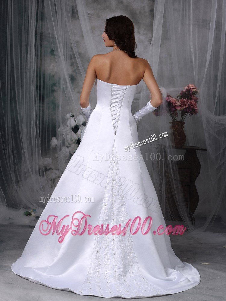 Embroidered A-line Court Train Wedding Dresses in White Satin
