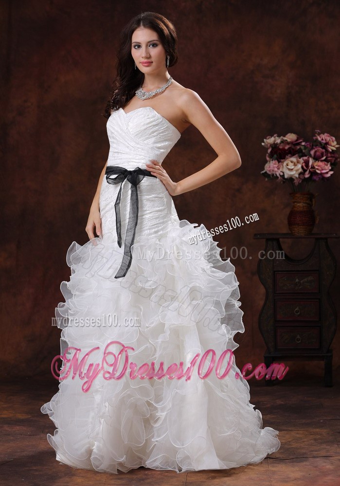 Black Sash Wedding Dress with Ruffled Layers and Lace Up Backs