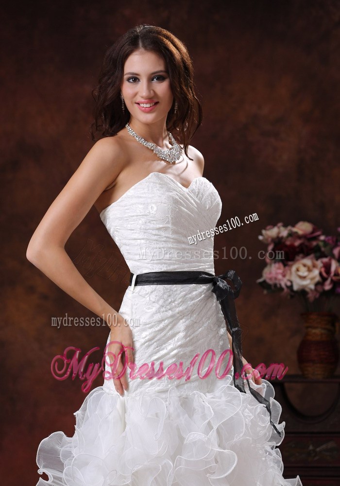Black Sash Wedding Dress with Ruffled Layers and Lace Up Backs