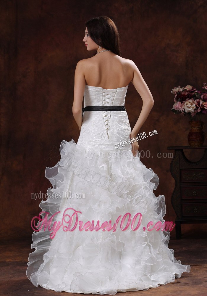 Black Sash Wedding Dress with Ruffled Layers and Lace Up Backs