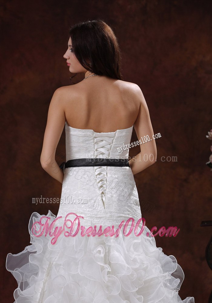 Black Sash Wedding Dress with Ruffled Layers and Lace Up Backs