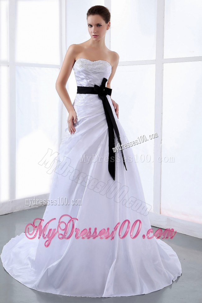 Strapless White Court Train Bridal Dresses for Wedding with Black Sash