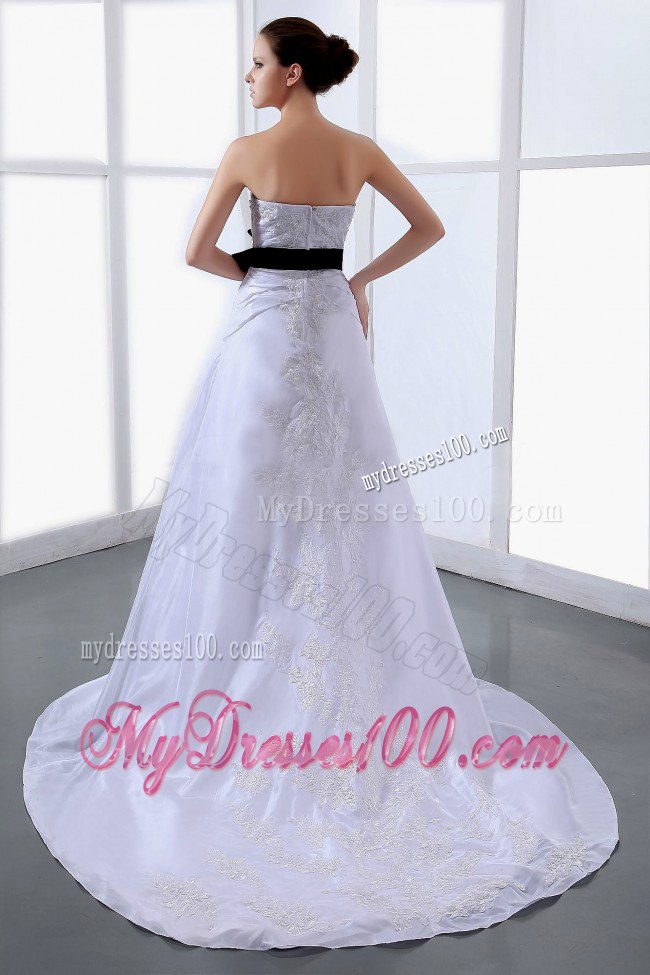 Strapless White Court Train Bridal Dresses for Wedding with Black Sash