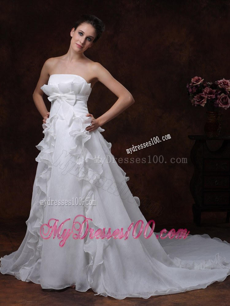 Strapless White Court Train Ruffles Wedding Dresses with Ruffles and Bowknot