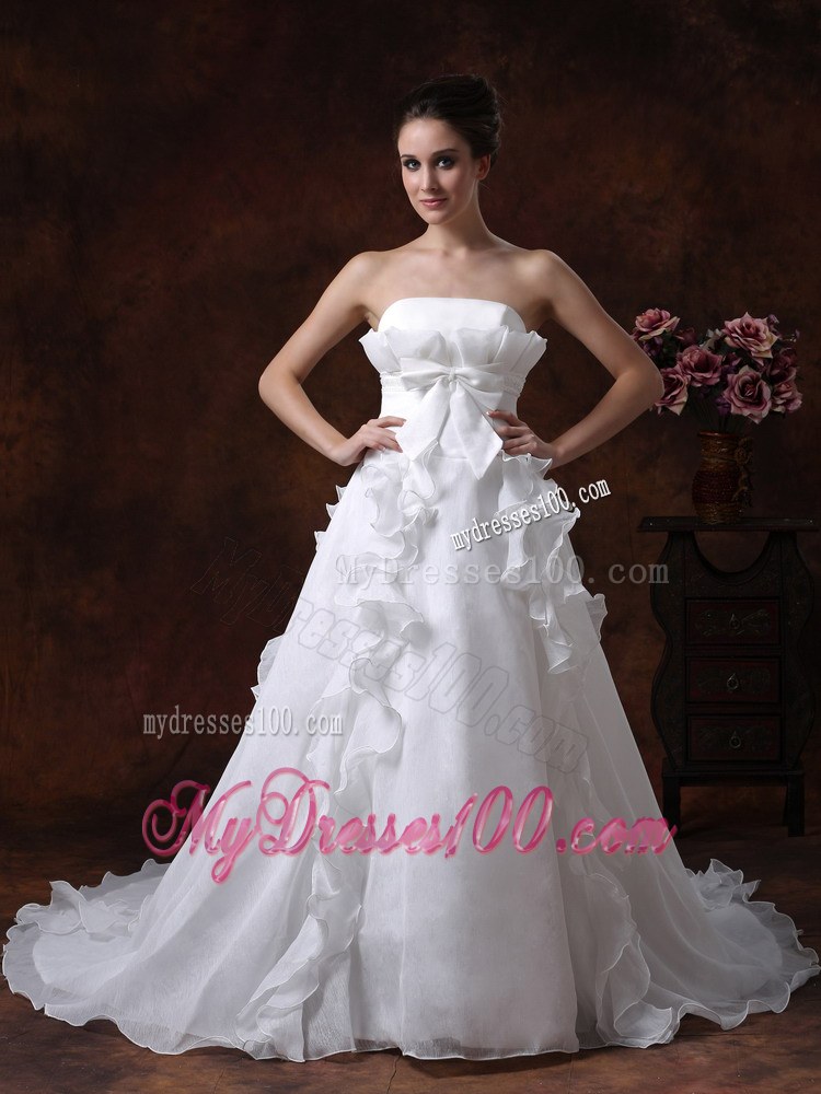 Strapless White Court Train Ruffles Wedding Dresses with Ruffles and Bowknot
