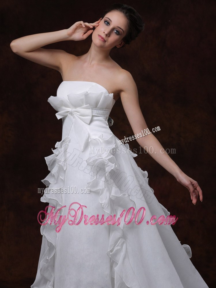Strapless White Court Train Ruffles Wedding Dresses with Ruffles and Bowknot