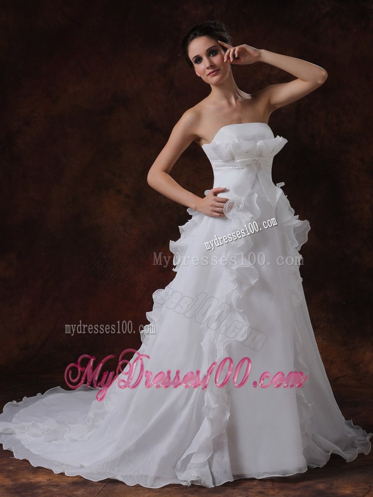 Strapless White Court Train Ruffles Wedding Dresses with Ruffles and Bowknot