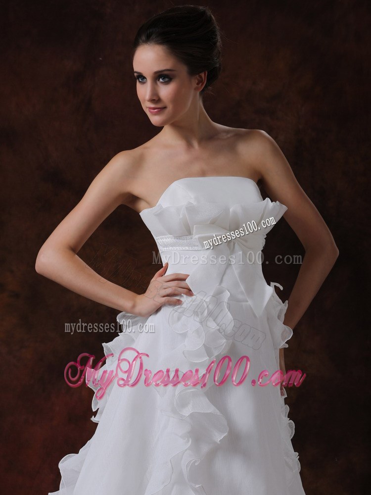 Strapless White Court Train Ruffles Wedding Dresses with Ruffles and Bowknot