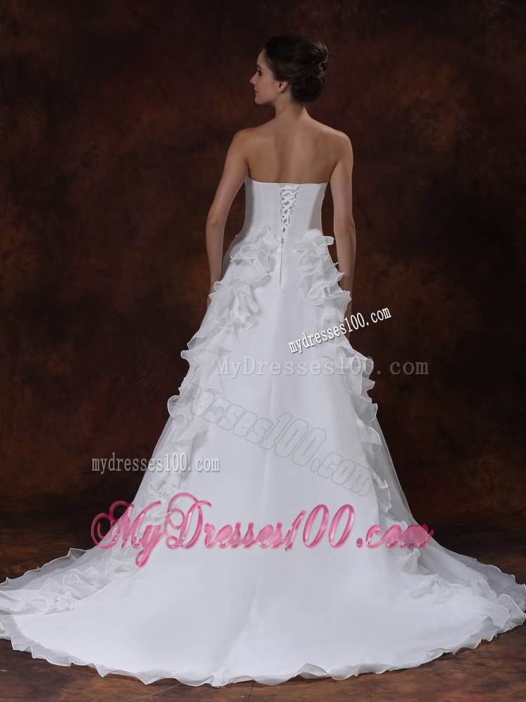 Strapless White Court Train Ruffles Wedding Dresses with Ruffles and Bowknot
