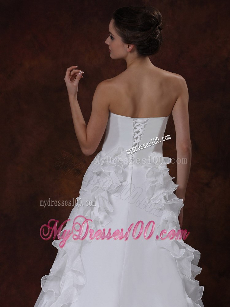 Strapless White Court Train Ruffles Wedding Dresses with Ruffles and Bowknot