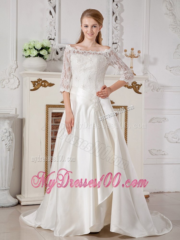 Off Shoulder Court Train Taffeta and Lace Bridal Dress with Half Sleeves