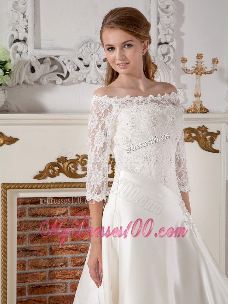 Off Shoulder Court Train Taffeta and Lace Bridal Dress with Half Sleeves