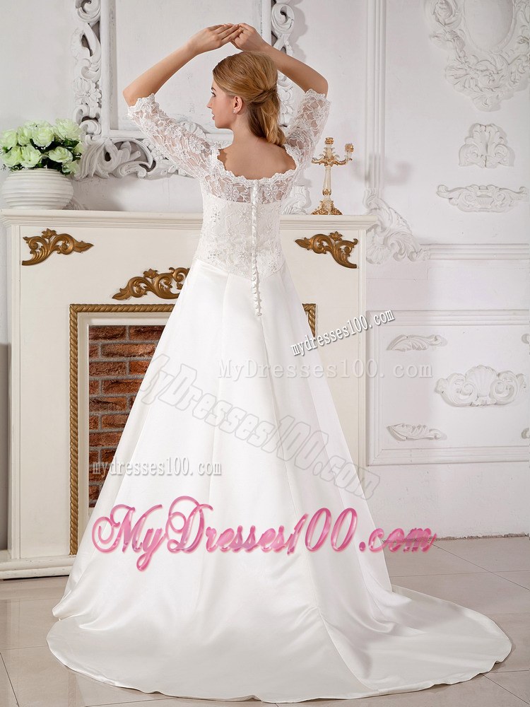 Off Shoulder Court Train Taffeta and Lace Bridal Dress with Half Sleeves