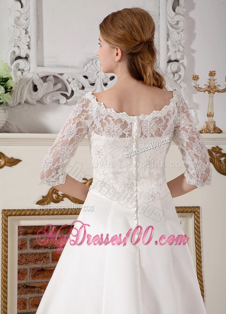 Off Shoulder Court Train Taffeta and Lace Bridal Dress with Half Sleeves