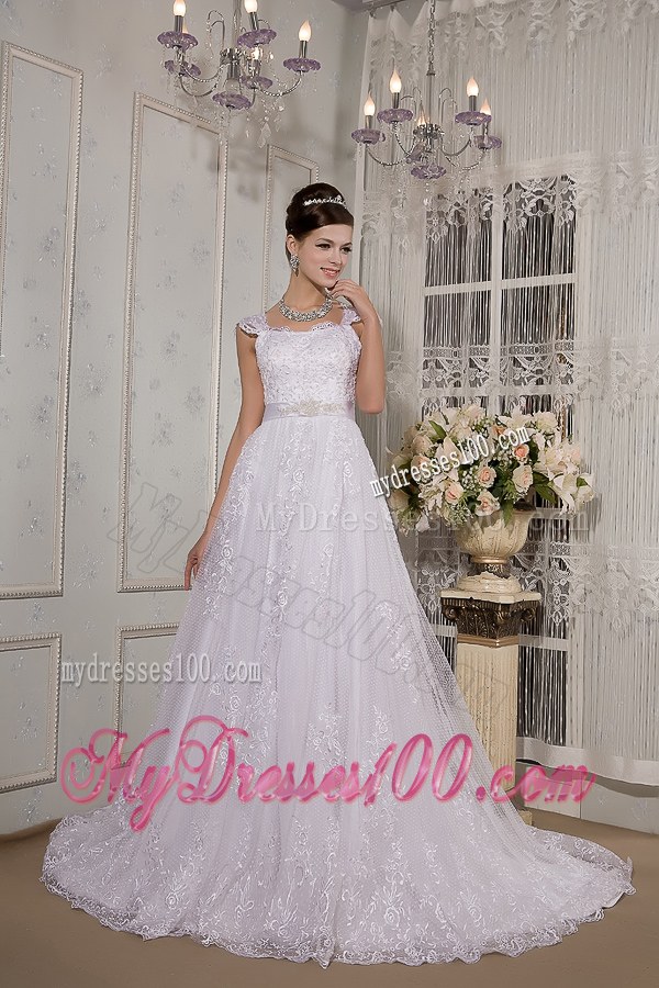 Lace Flowers Wide Straps Sweep Train Dresses for Wedding with Appliqued Sash