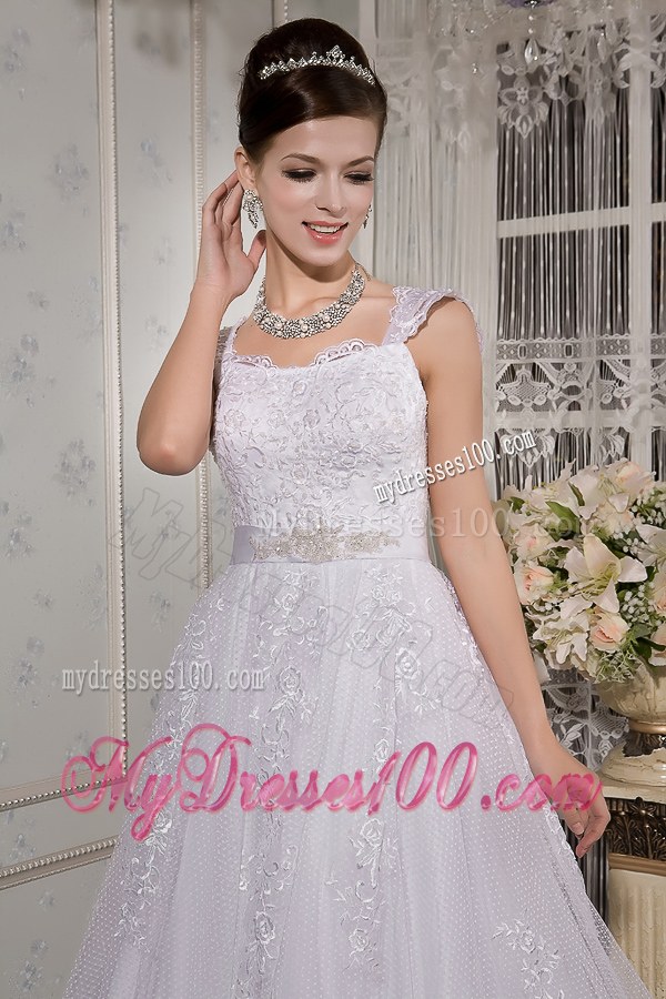 Lace Flowers Wide Straps Sweep Train Dresses for Wedding with Appliqued Sash