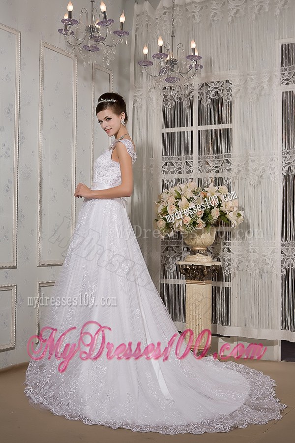 Lace Flowers Wide Straps Sweep Train Dresses for Wedding with Appliqued Sash