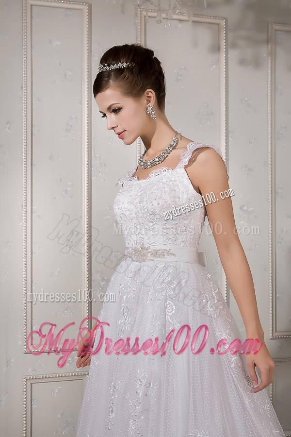 Lace Flowers Wide Straps Sweep Train Dresses for Wedding with Appliqued Sash