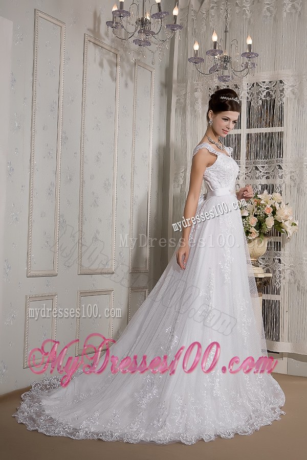 Lace Flowers Wide Straps Sweep Train Dresses for Wedding with Appliqued Sash