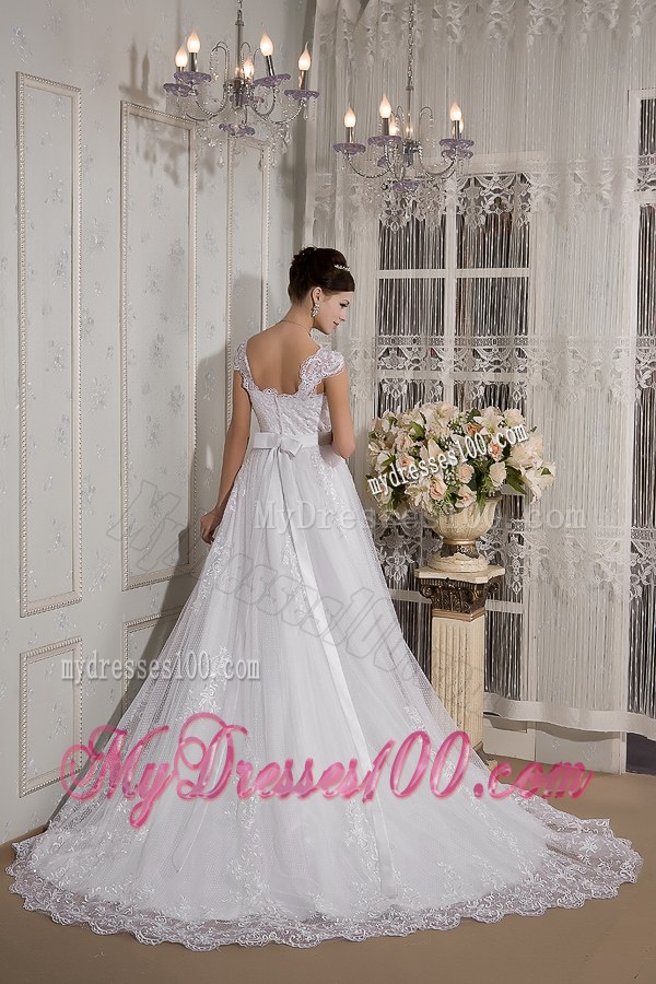 Lace Flowers Wide Straps Sweep Train Dresses for Wedding with Appliqued Sash