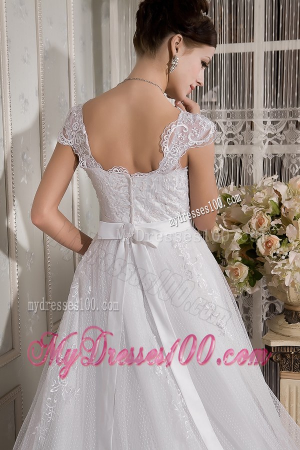 Lace Flowers Wide Straps Sweep Train Dresses for Wedding with Appliqued Sash