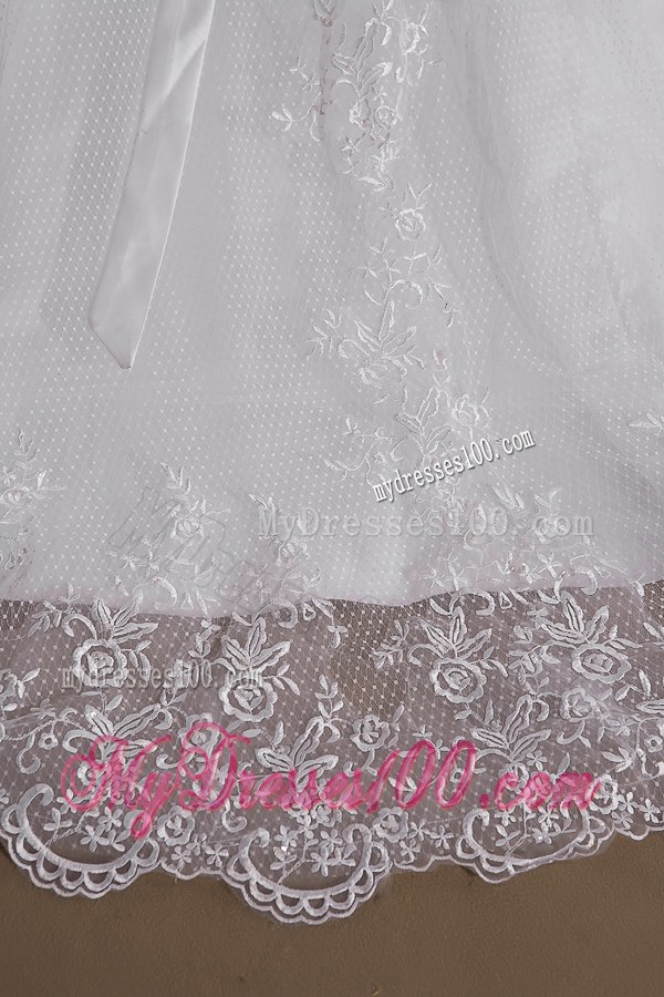 Lace Flowers Wide Straps Sweep Train Dresses for Wedding with Appliqued Sash