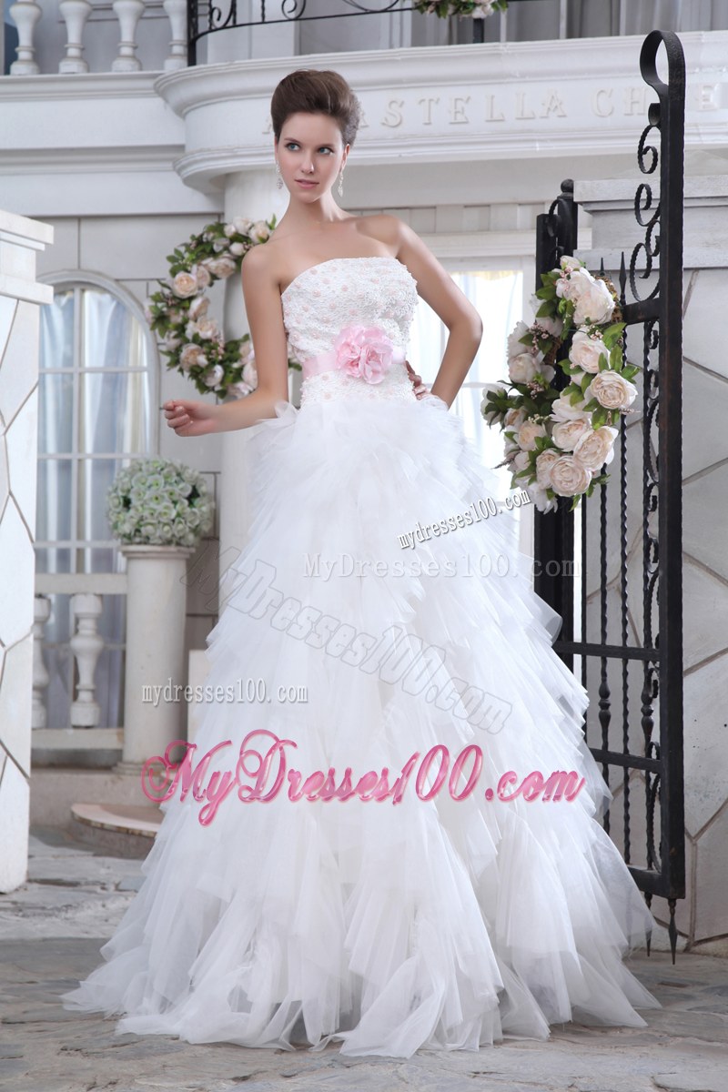 White Bridal Dress Beading Ruffle Layers with Pink Handmade Flower