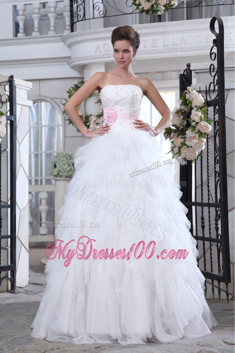White Bridal Dress Beading Ruffle Layers with Pink Handmade Flower