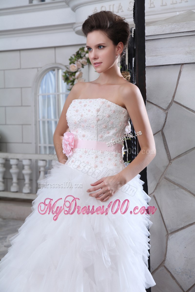 White Bridal Dress Beading Ruffle Layers with Pink Handmade Flower