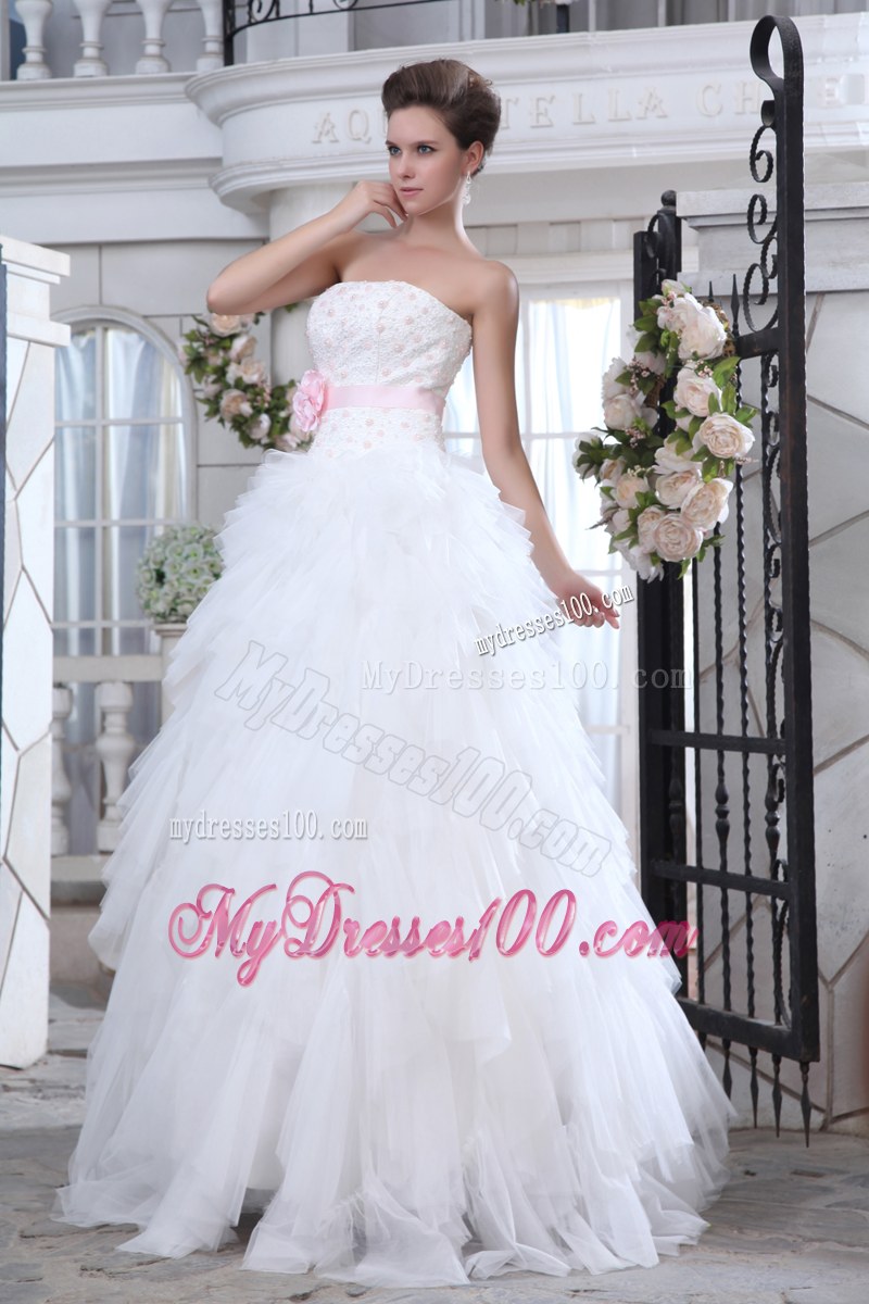 White Bridal Dress Beading Ruffle Layers with Pink Handmade Flower
