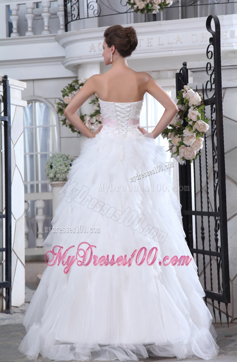 White Bridal Dress Beading Ruffle Layers with Pink Handmade Flower