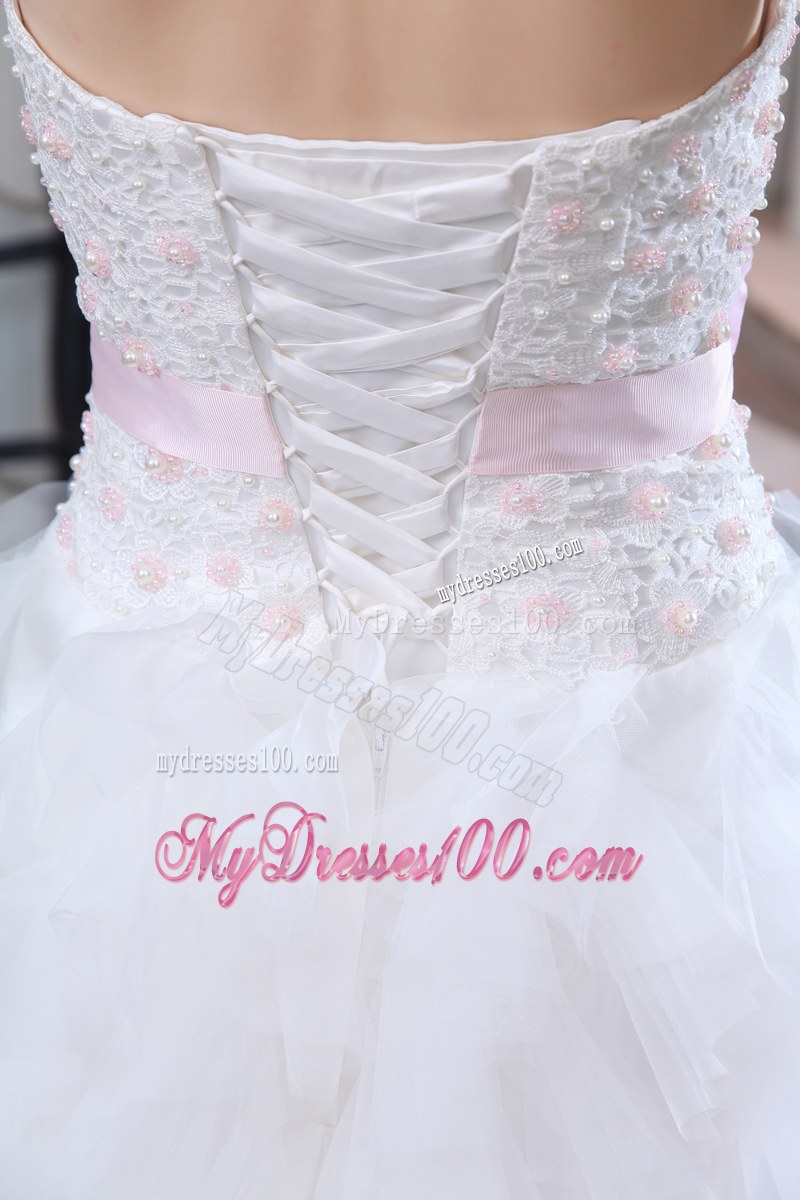 White Bridal Dress Beading Ruffle Layers with Pink Handmade Flower
