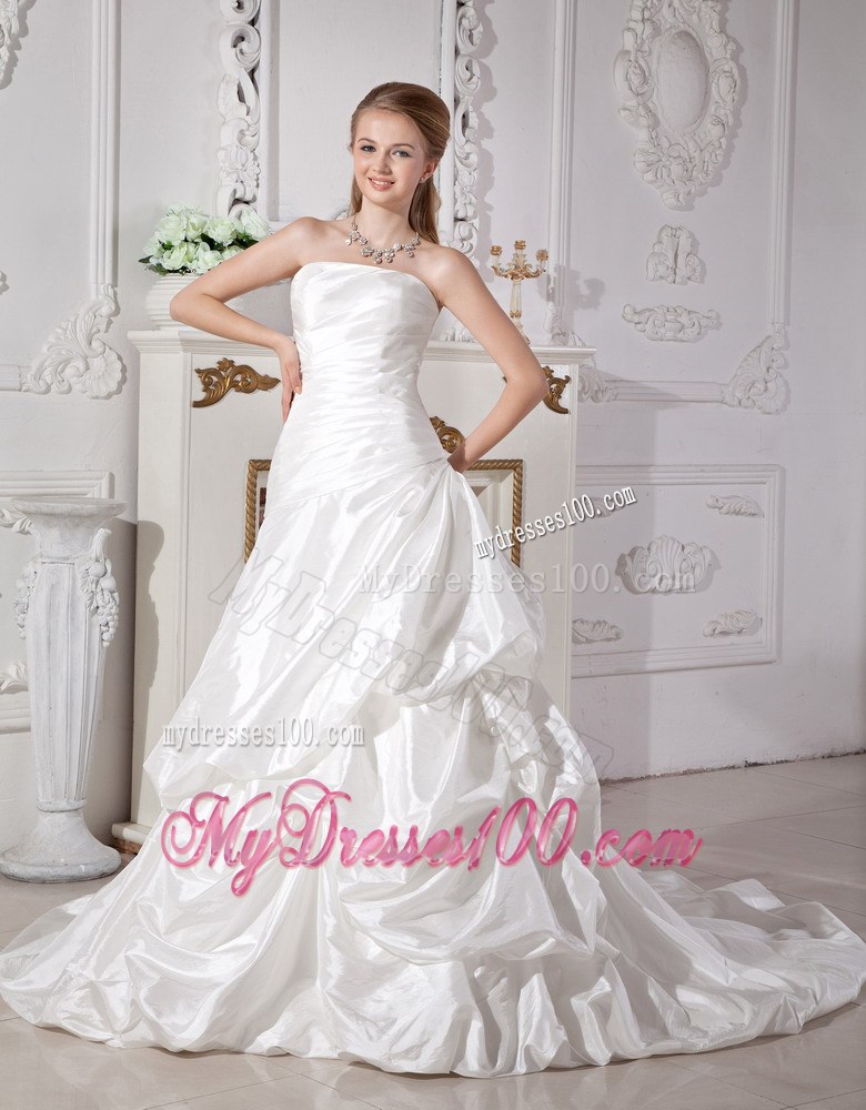 Ruched Bodice for White Pick-ups Decorated Court Train Wedding Dresses