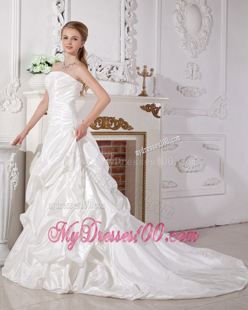 Ruched Bodice for White Pick-ups Decorated Court Train Wedding Dresses