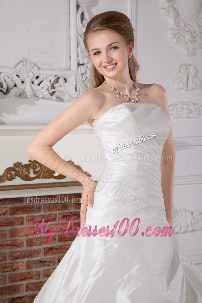 Ruched Bodice for White Pick-ups Decorated Court Train Wedding Dresses