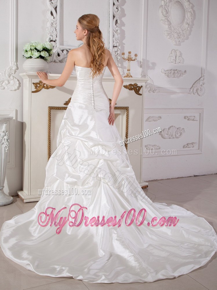 Ruched Bodice for White Pick-ups Decorated Court Train Wedding Dresses