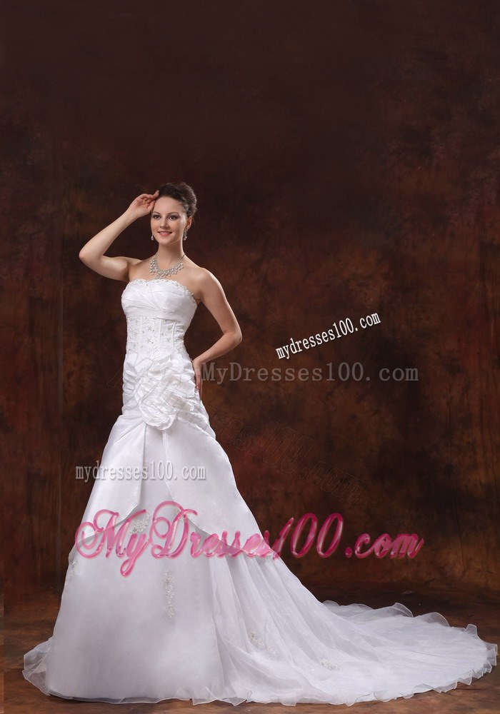 Flowers and Appliques Accent White Bridal Dress with Chapel Train
