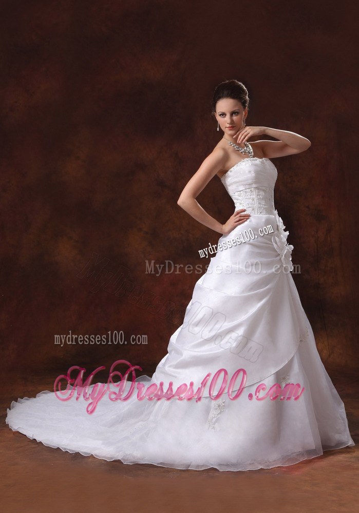 Flowers and Appliques Accent White Bridal Dress with Chapel Train
