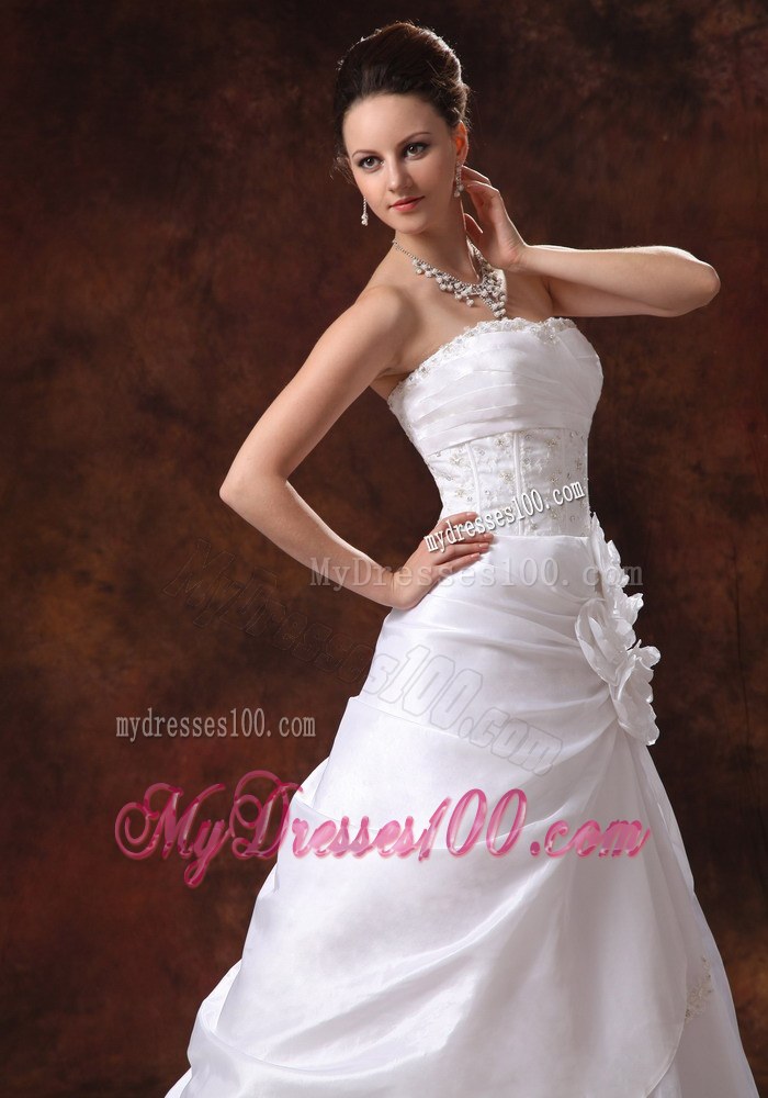 Flowers and Appliques Accent White Bridal Dress with Chapel Train