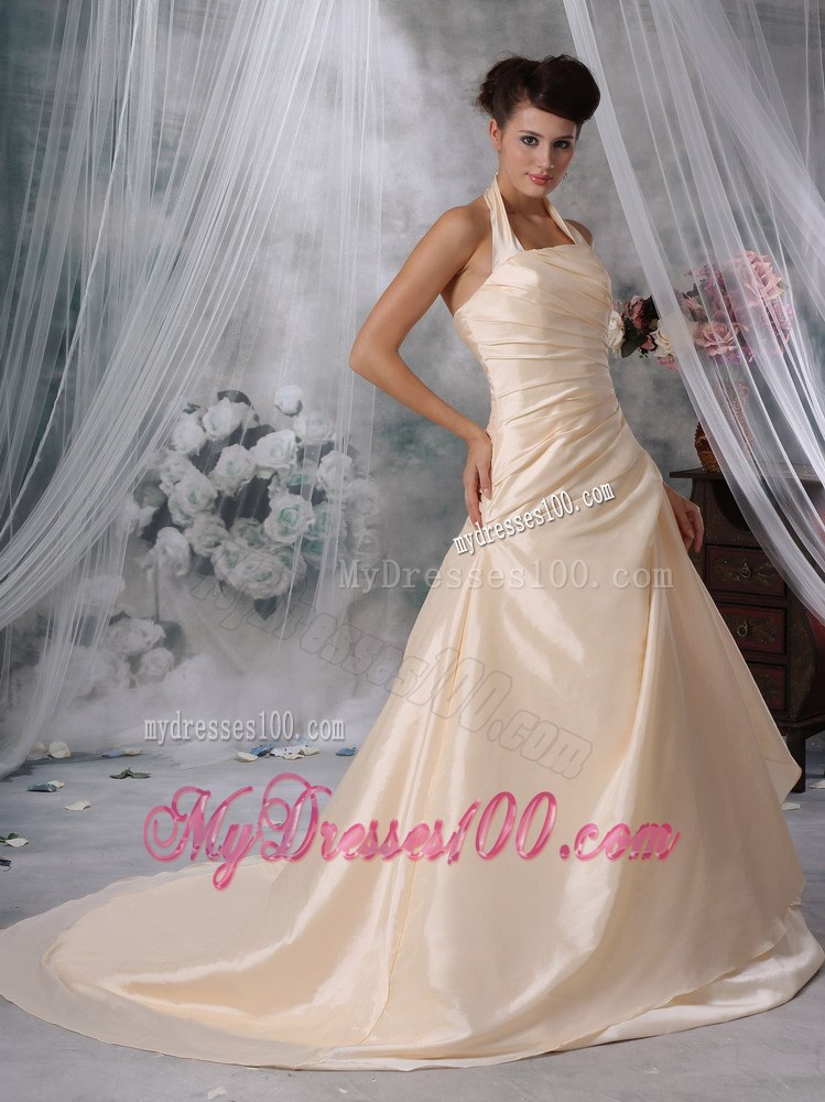 Champagne Princess Ruched Wedding Gown with Court Train and Halter