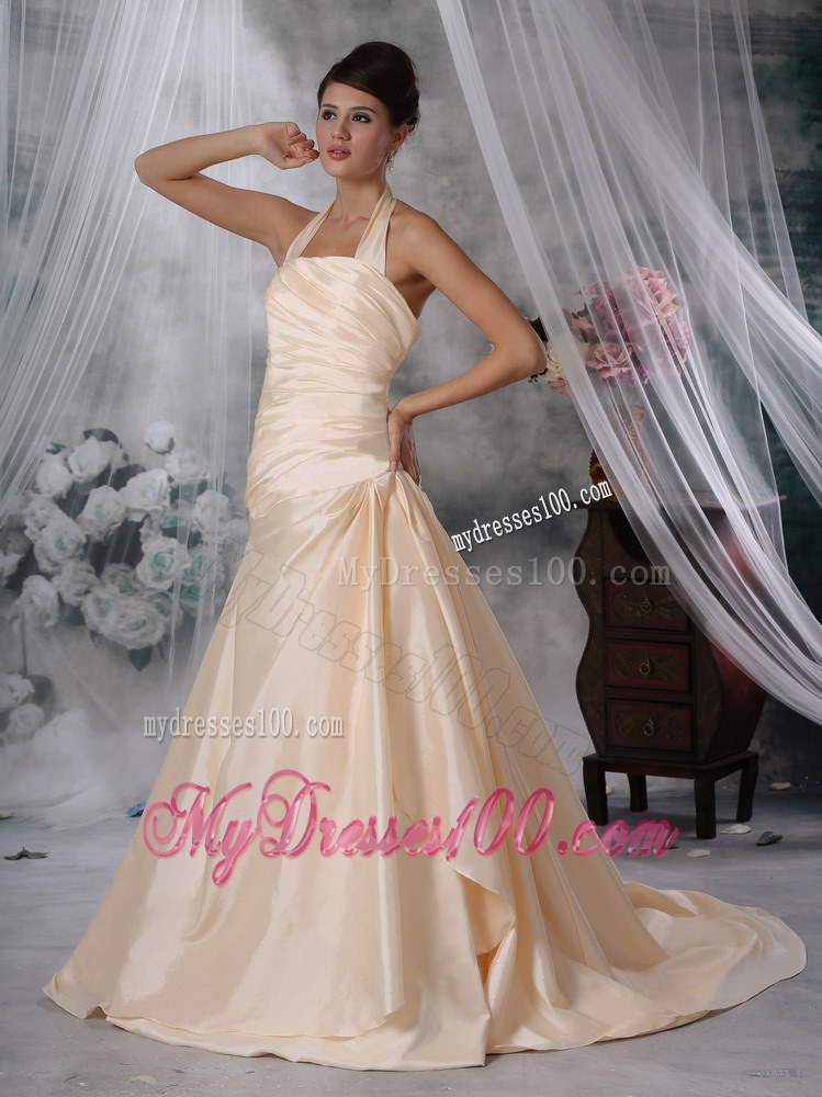 Champagne Princess Ruched Wedding Gown with Court Train and Halter