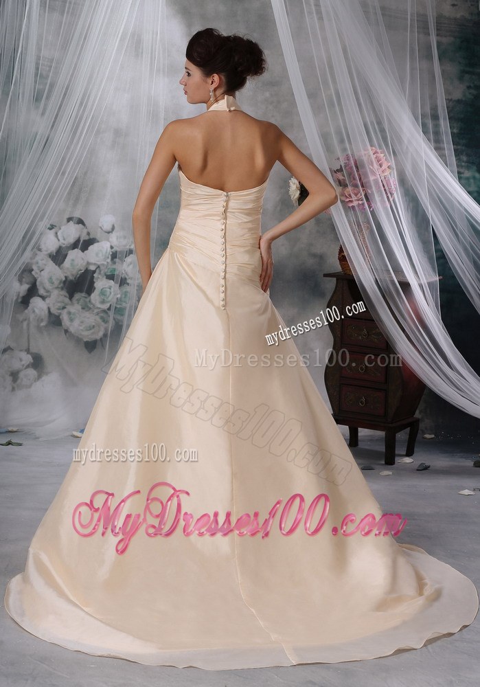 Champagne Princess Ruched Wedding Gown with Court Train and Halter