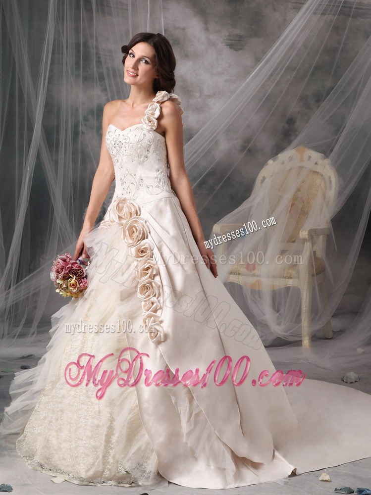 Champagne One Shoulder Chapel Train Bridal Dresses with Hand Made Flowers