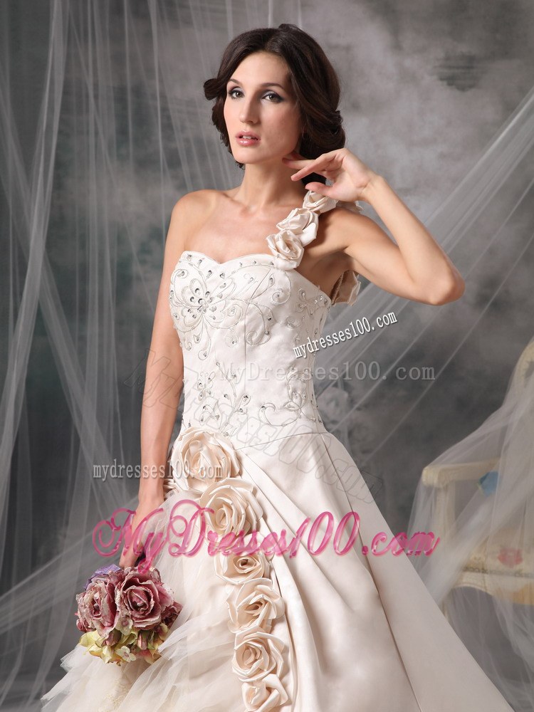 Champagne One Shoulder Chapel Train Bridal Dresses with Hand Made Flowers