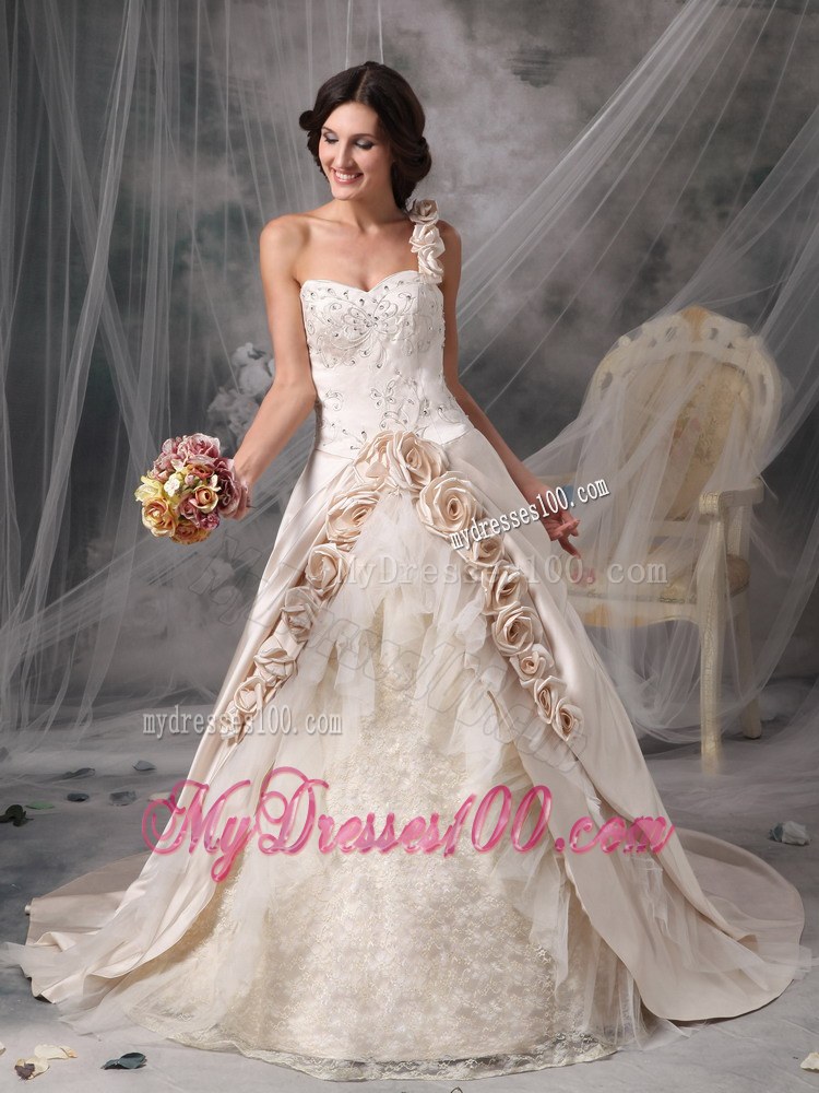 Champagne One Shoulder Chapel Train Bridal Dresses with Hand Made Flowers